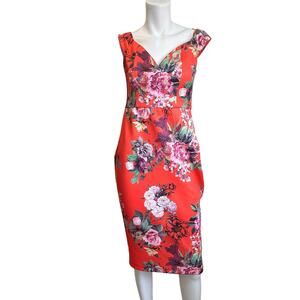 ASOS Sweetheart Bardot Brigth Orange Floral Midi Dress sz 8 NWT